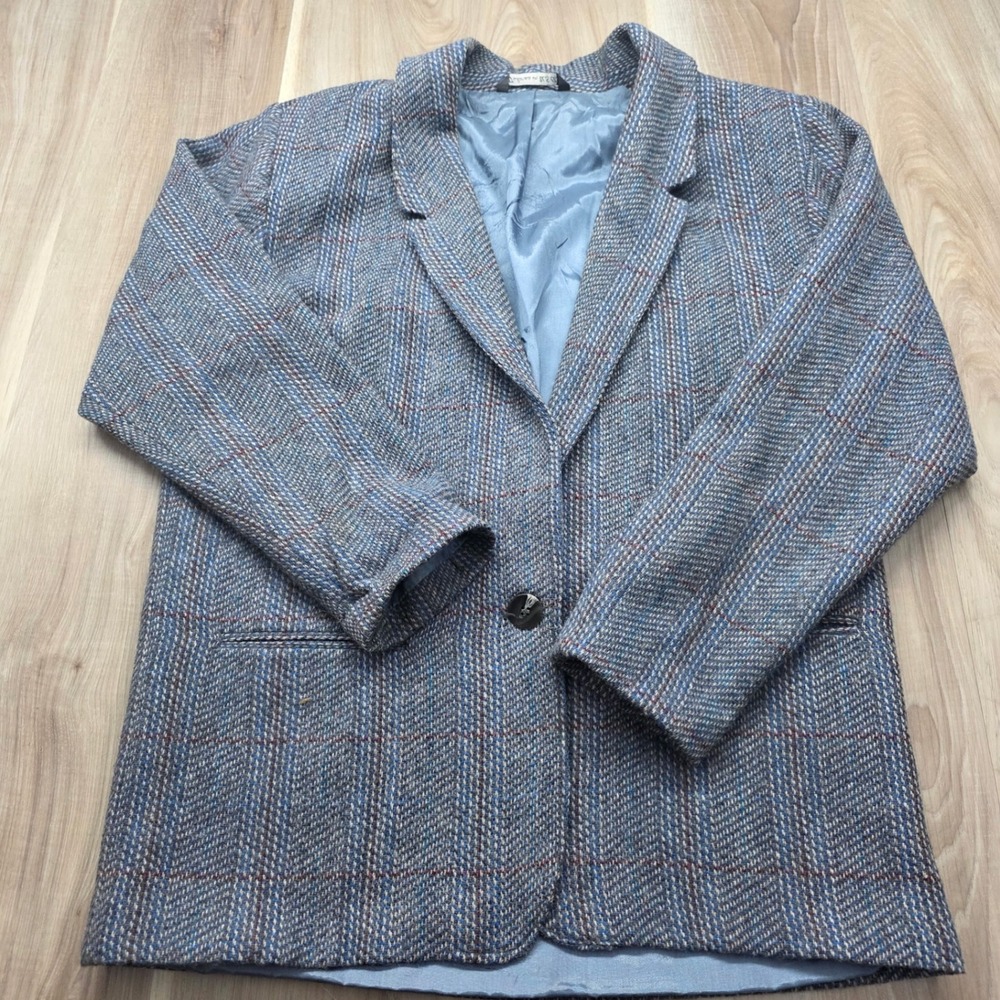 Lady‎ A Vintage Wool Blazer Jacket Plaid Tweed Tailored USA Blue Grey Size 12M L